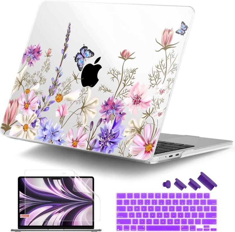 DONGKE for M4 MacBook Air 13.6 Inch Case 2025 2024 2023 2022 Model A3240 A3113 A2681 M3 M2 Chip, Plastic Hard Shell Case Cover with Touch ID for MacBook Air 13 Inch M4 - Butterfly Floral - Image 1